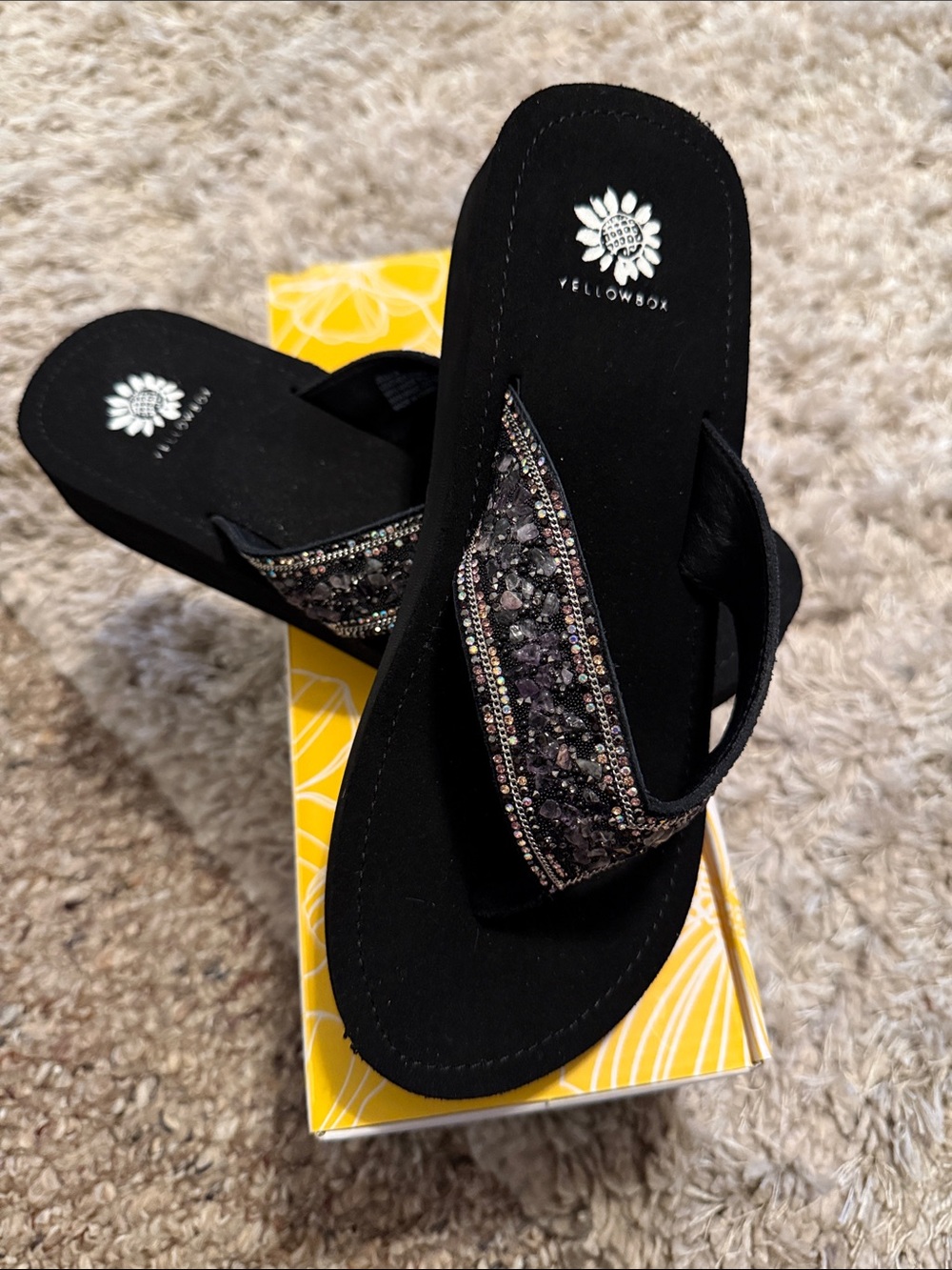 Yellow Box Black Gem-Embellished Thong Sandals